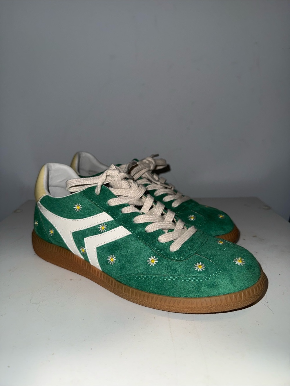 Green Suede Sneakers with Daisy Embroidery